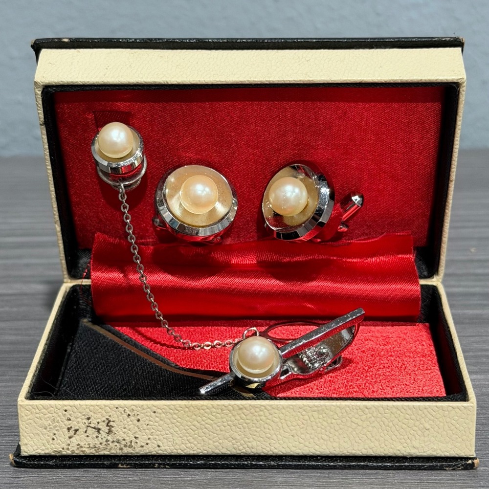Vintage Massy Mens Pearl Cufflinks Tie Bar Lapel Pin Set Voice of Youngmen Box